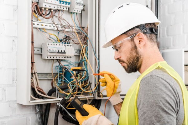 Tecnico al lavoro su un impianto elettrico
